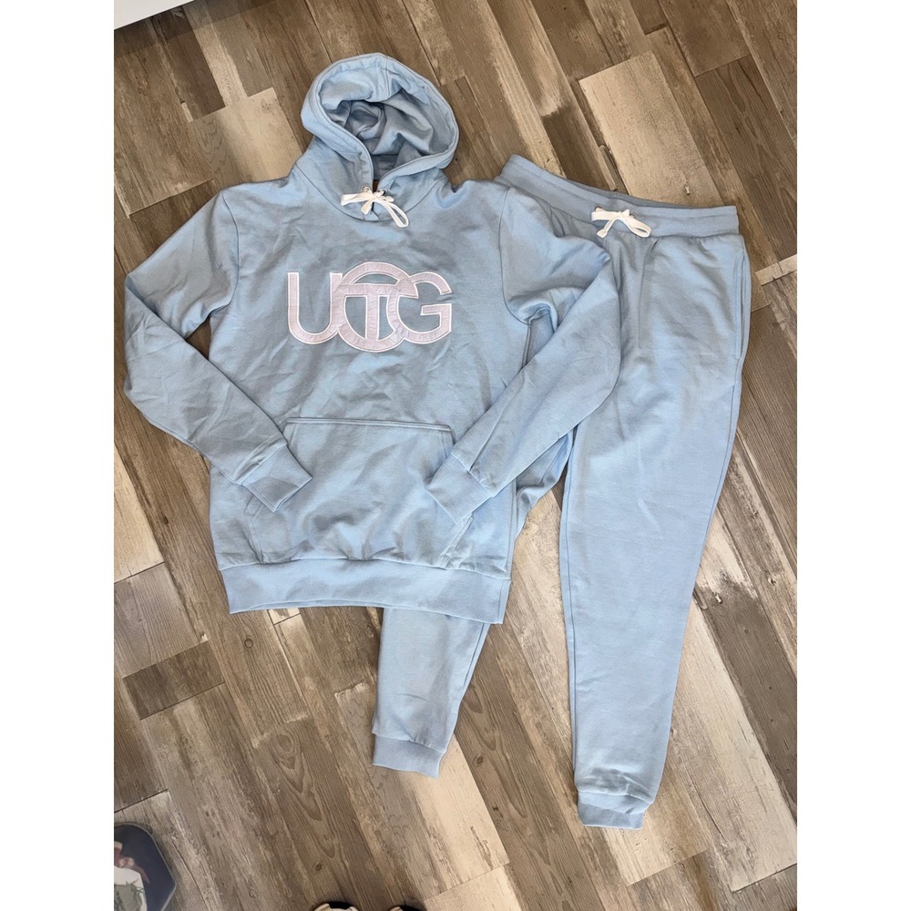 UGG x Telfar Tracksuit Set Women Light Blue Logo Hoodie Joggers Large NEW
